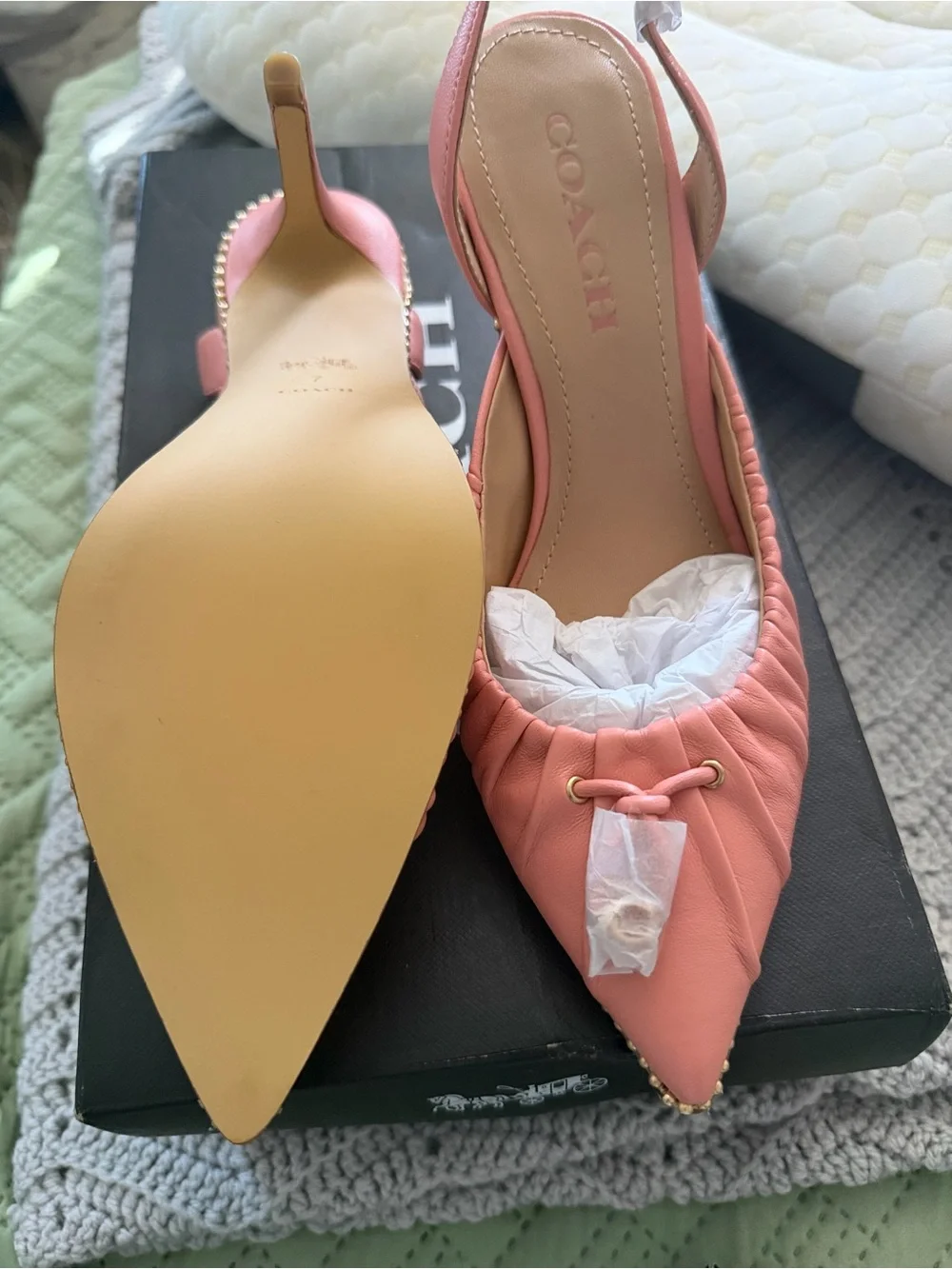 Coach Pink Ruched Pointed Slingback Flats with Stud Trim